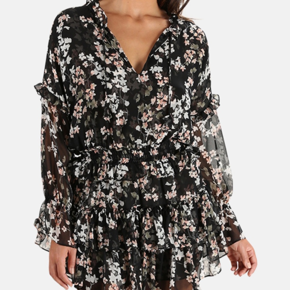 MISA Floral Black and Pink Long Sleeve Mini Dress